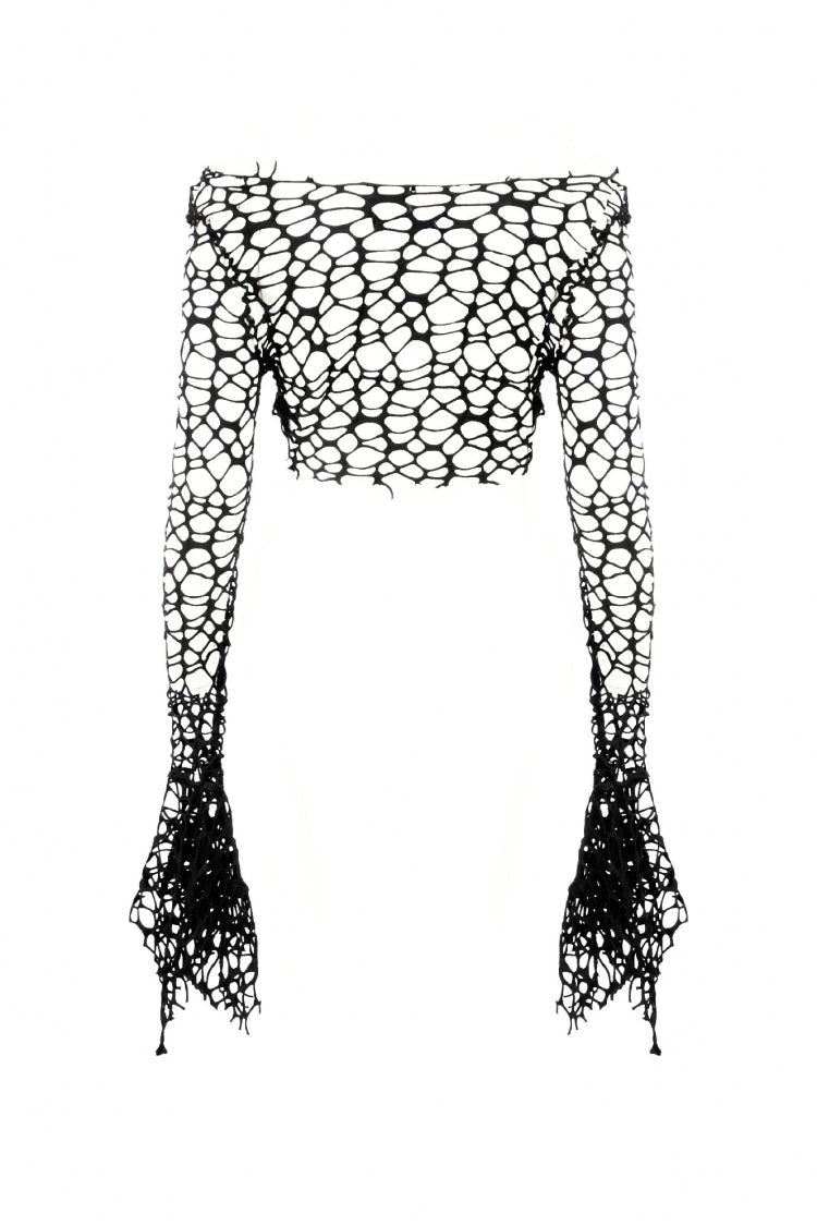 Black Women's Gothic Long Flared Sleeves Hollow-out Mesh Crop Top - Product - 13