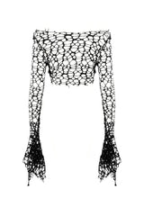Black Women's Gothic Long Flared Sleeves Hollow-out Mesh Crop Top - Product - 13