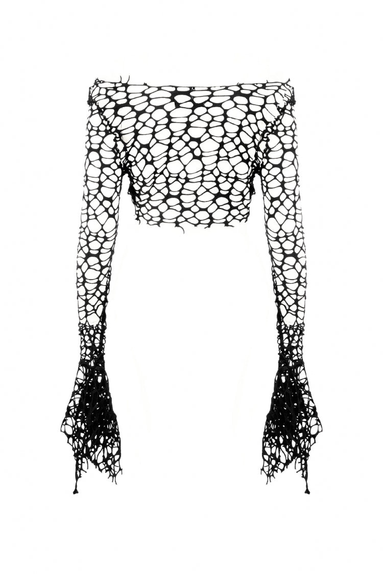 Black Women's Gothic Long Flared Sleeves Hollow-out Mesh Crop Top - Product - 13