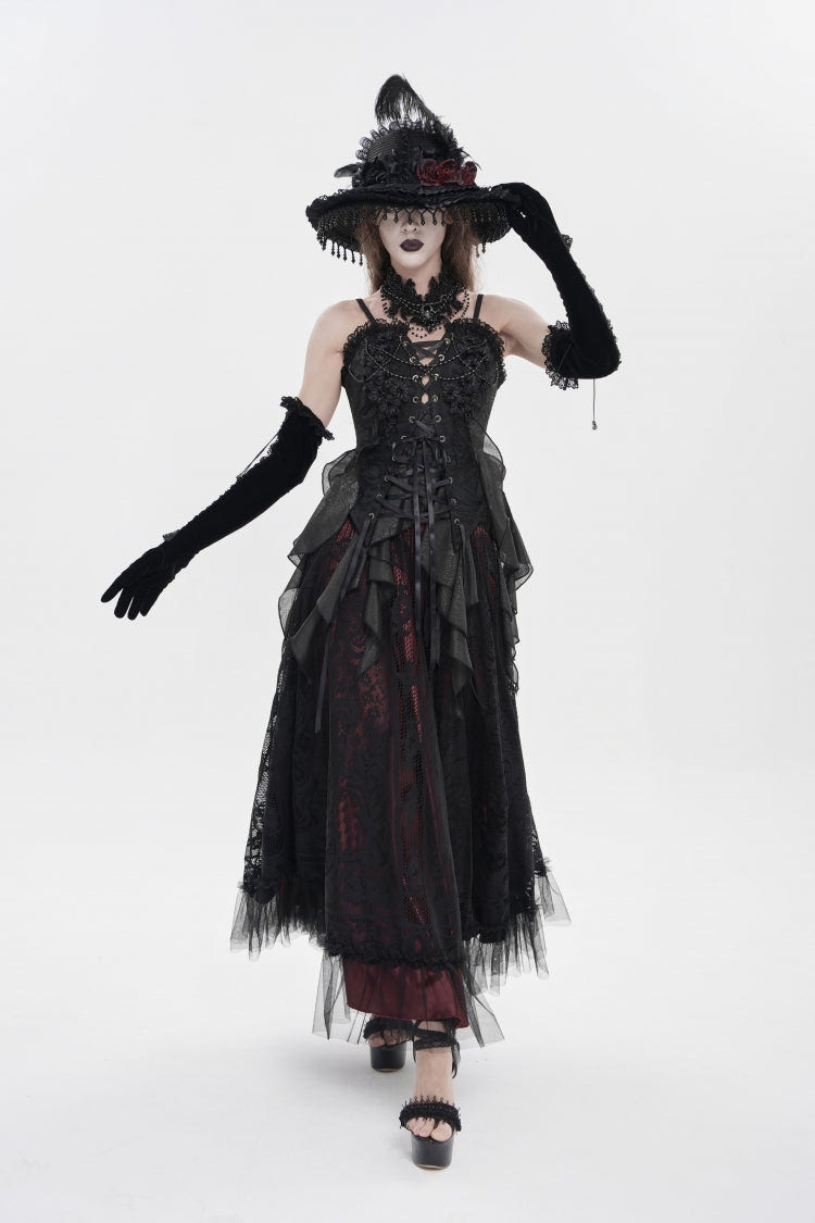 Black Ruffled Lace Lace-Up Slim Women's Gothic Overbust Corset - Product - 1