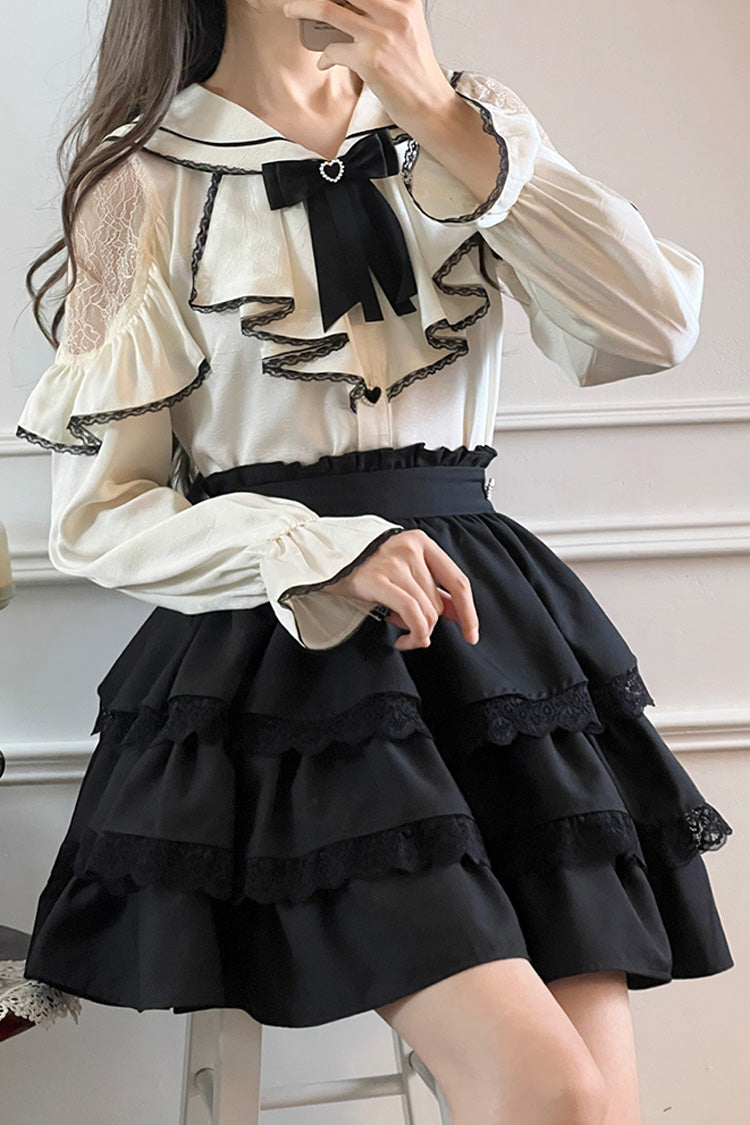 Black/White Sailor Collar Multi-Layered Ruffle Bowknot Jirai Kei Skirt Set - Black/White - 1