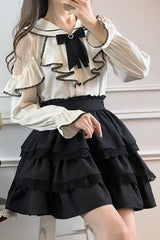 Black/White Sailor Collar Multi-Layered Ruffle Bowknot Jirai Kei Skirt Set - Black/White - 1