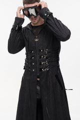 Black Punk Stripe Mechanism Material Adjustable Stitching Fake Girdle Design Slim Fit Men's Coat - Product - 9