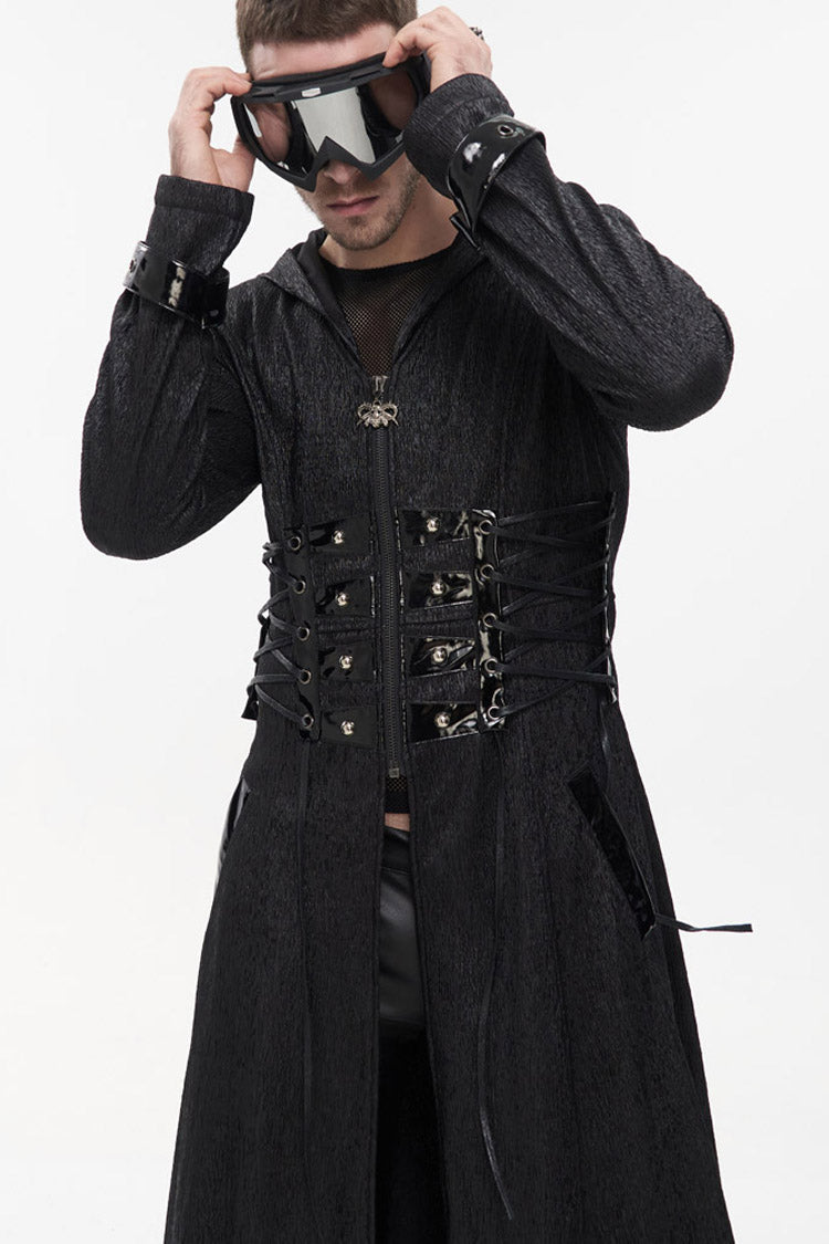 Black Punk Stripe Mechanism Material Adjustable Stitching Fake Girdle Design Slim Fit Men's Coat - Product - 9