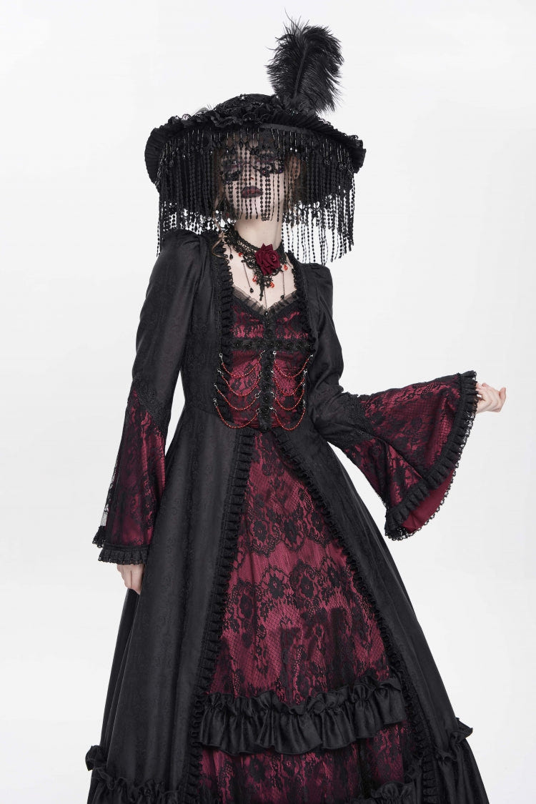 Red Long Sleeves Floral Embroidery Lace-Up Pleated Women's Gothic Dress - Product - 10