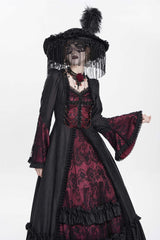 Red Long Sleeves Floral Embroidery Lace-Up Pleated Women's Gothic Dress - Product - 10