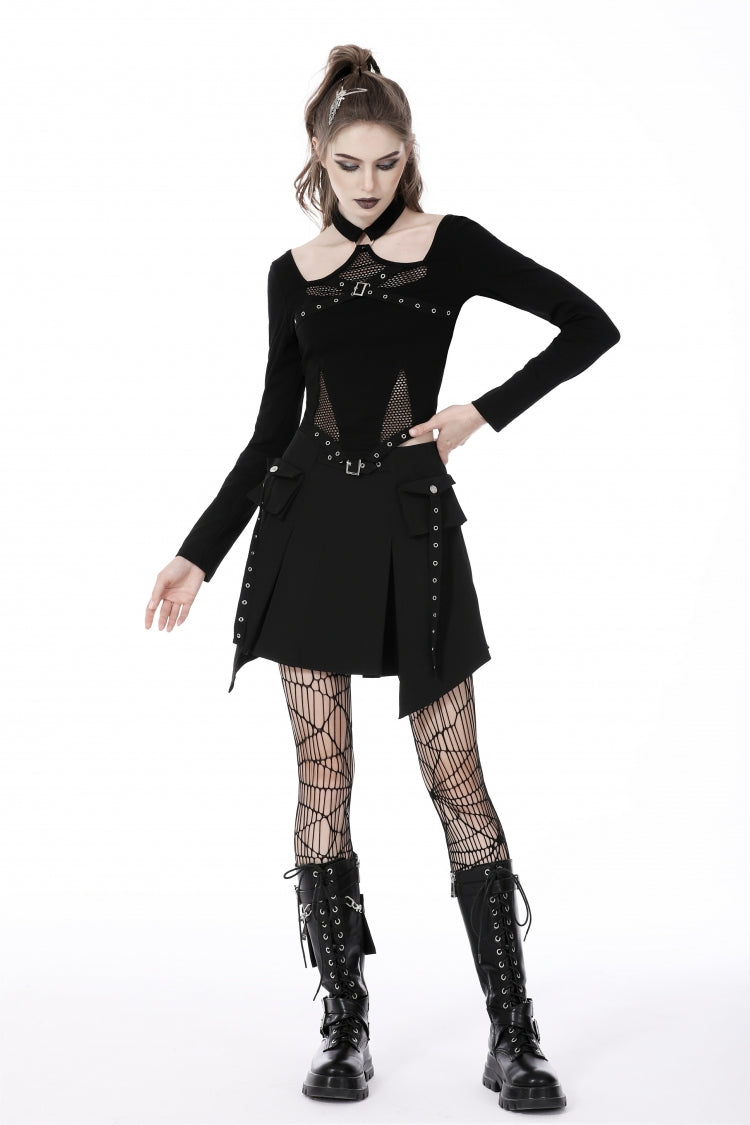 Black Halterneck Long Sleeves Eyelet Mesh Splice Women's Punk Crop Top - Product - 11