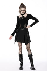 Black Halterneck Long Sleeves Eyelet Mesh Splice Women's Punk Crop Top - Product - 11