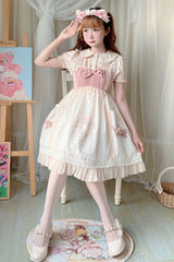 Beige Ruffled Bow Cute Bear Print High Waisted Sweet Lolita JSK Dress - Product - 4