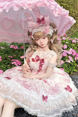 Pink [Sweetheart Bunny] Square Collar Flutter Sleeves Multi-Layered Jacquard Ruffled Embroidered Bow Lace Sweet Lolita Jsk Dress - Product - 2
