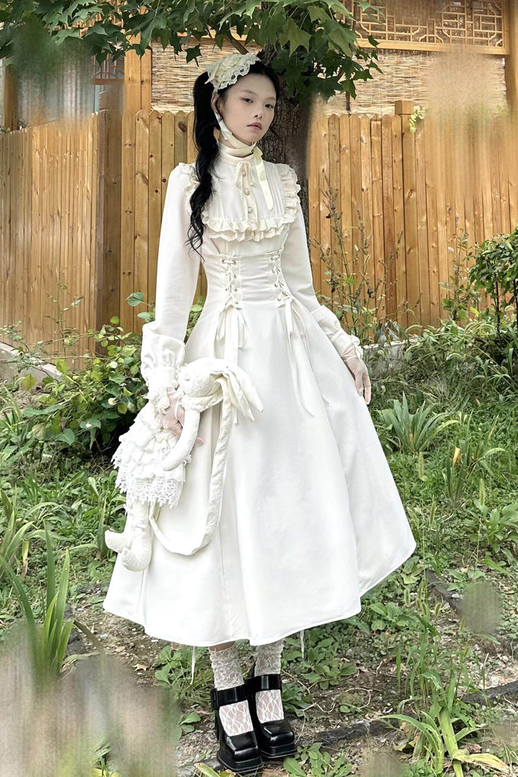 Apricot Stand Collar Long Sleeves Ruffled Lace-Up Gothic Lolita Dress - Product - 3