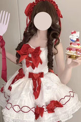 White/Red [Jasmine Rain] Strawberry Square Collar Sleeveless Triple-Layered Jacquard Bow Sweet Lolita Jsk Dress - Product - 2