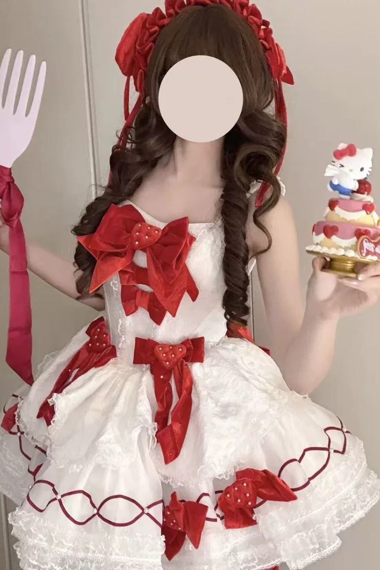 White/Red [Jasmine Rain] Strawberry Square Collar Sleeveless Triple-Layered Jacquard Bow Sweet Lolita Jsk Dress - Product - 2