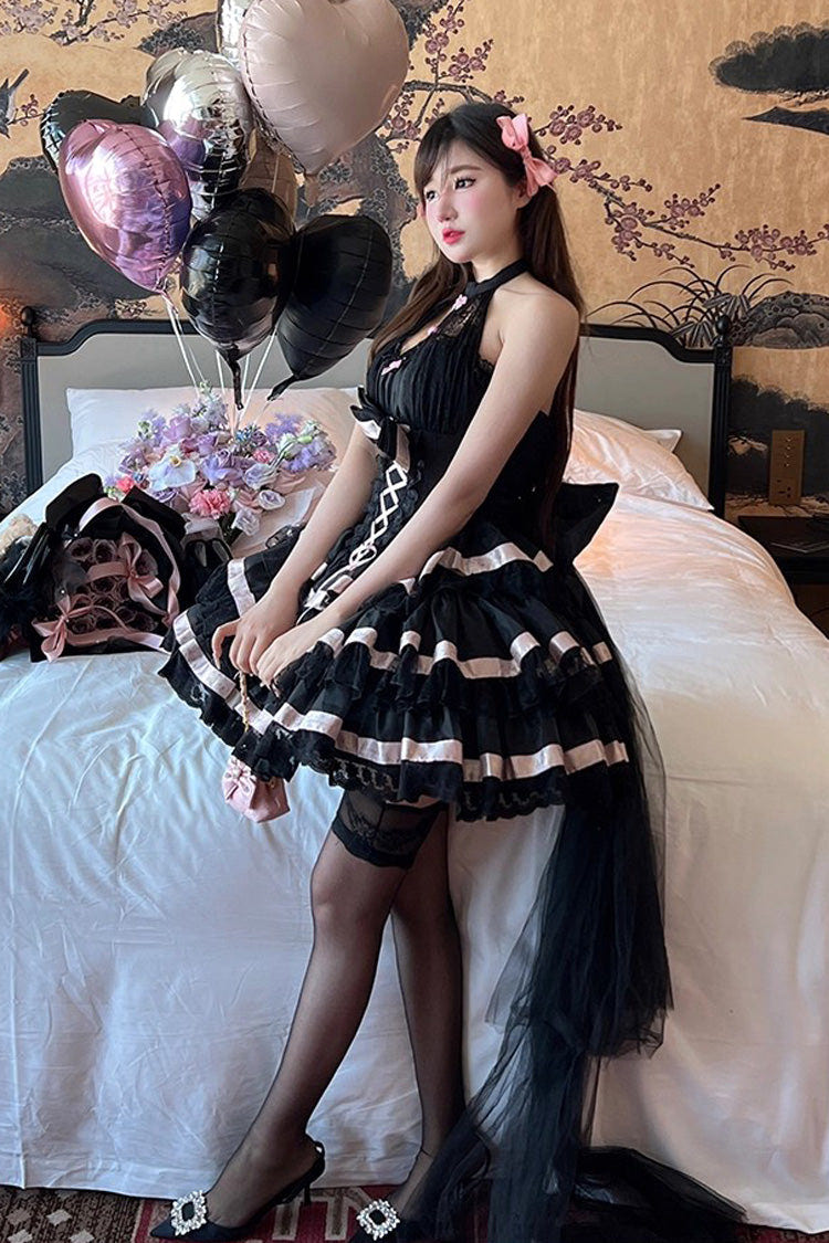 Black [Ballet Dream] Halterneck Triple-Layered Ruffle Bowknot Lace-Up Sweet Princess Lolita Dress - Product - 7