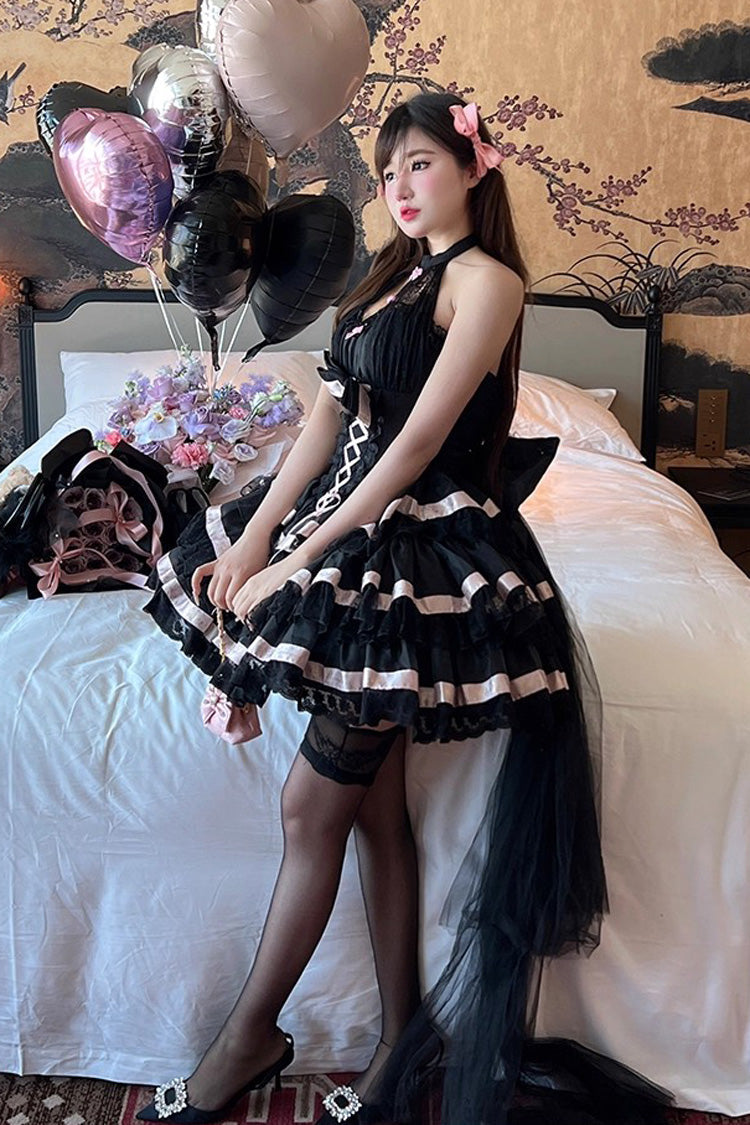 Black [Ballet Dream] Halterneck Triple-Layered Ruffle Bowknot Lace-Up Sweet Princess Lolita Dress - Product - 7