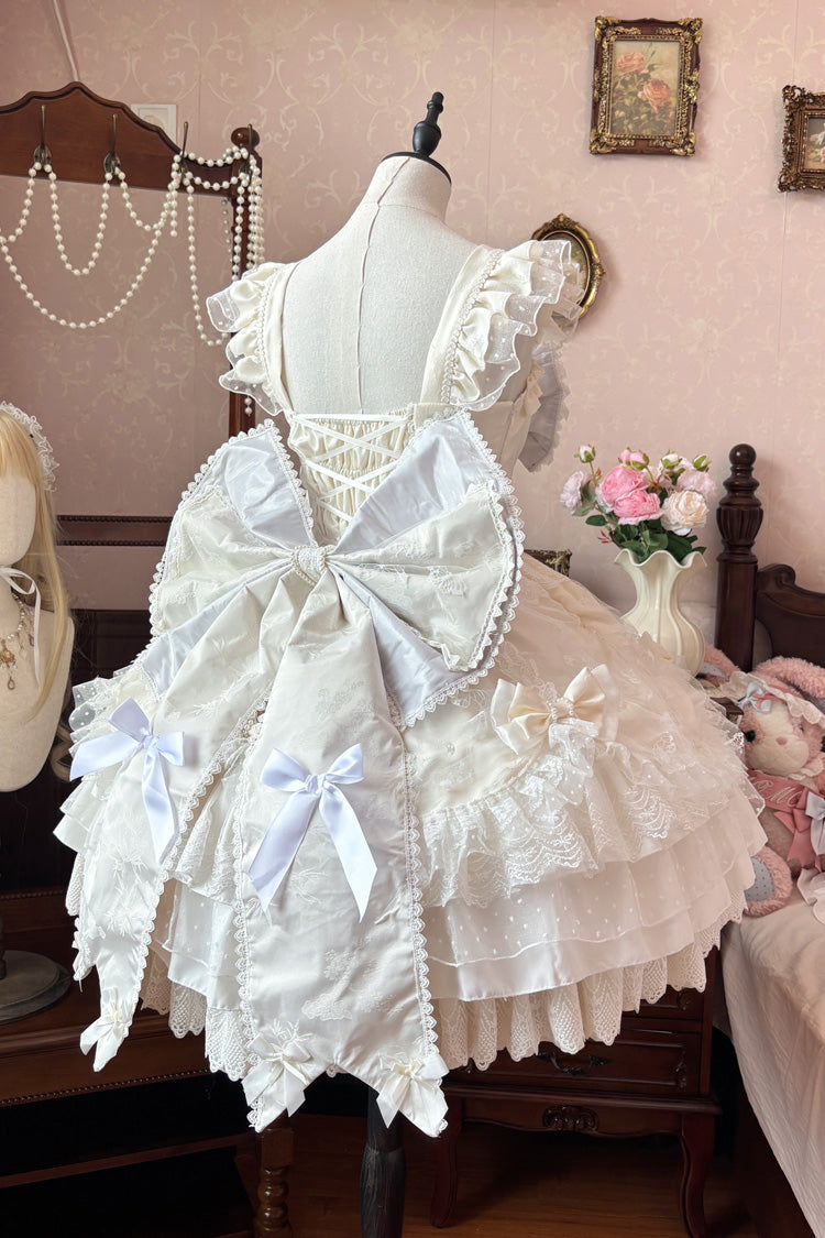 Ivory Sleeveless Triple-Layered Ruffle Embroidery Bowknot Lace-Up Pearl Sweet Plus Size Lolita Jsk Dress - Product - 2