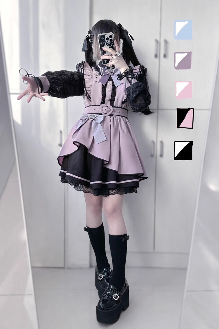 [Little Idol] Ruffle Bowknot Lace Irregular Asymmetric Jirai Kei Dress 6 Colors - Black/Purple - 5