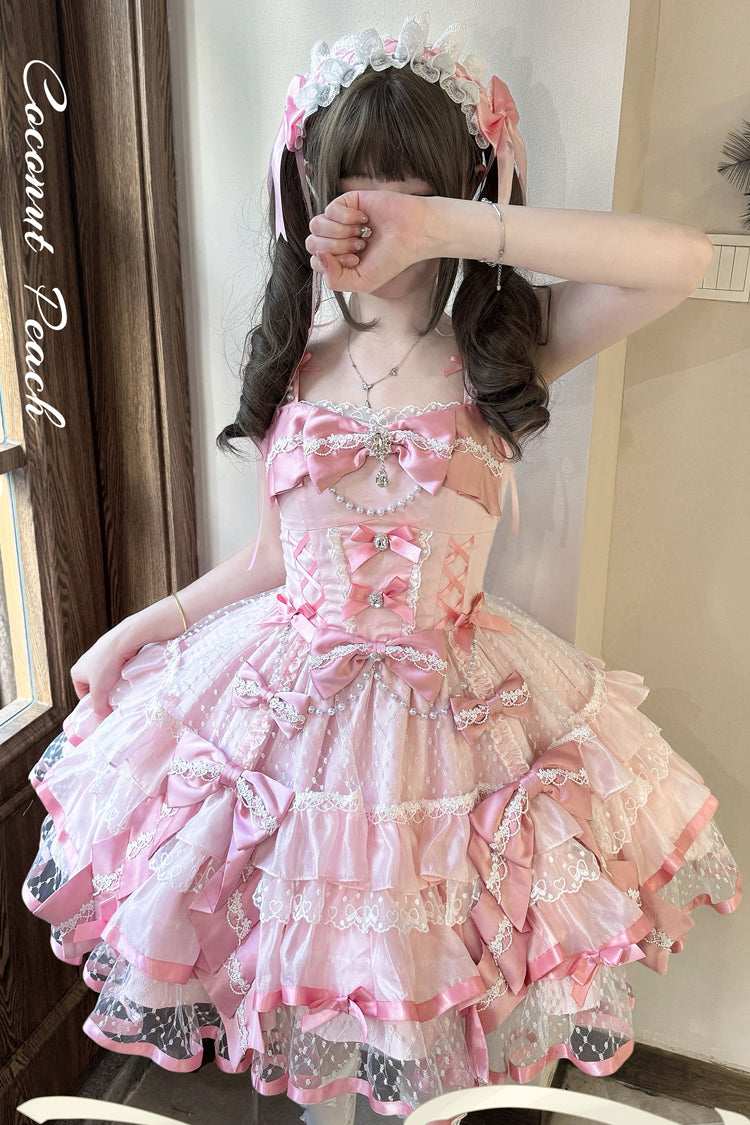 Pink [Gem Love] Sleeveless Triple-Layered Ruffle Bowknot Lace Sweet Ballet Lolita Jsk Dress - Product - 4