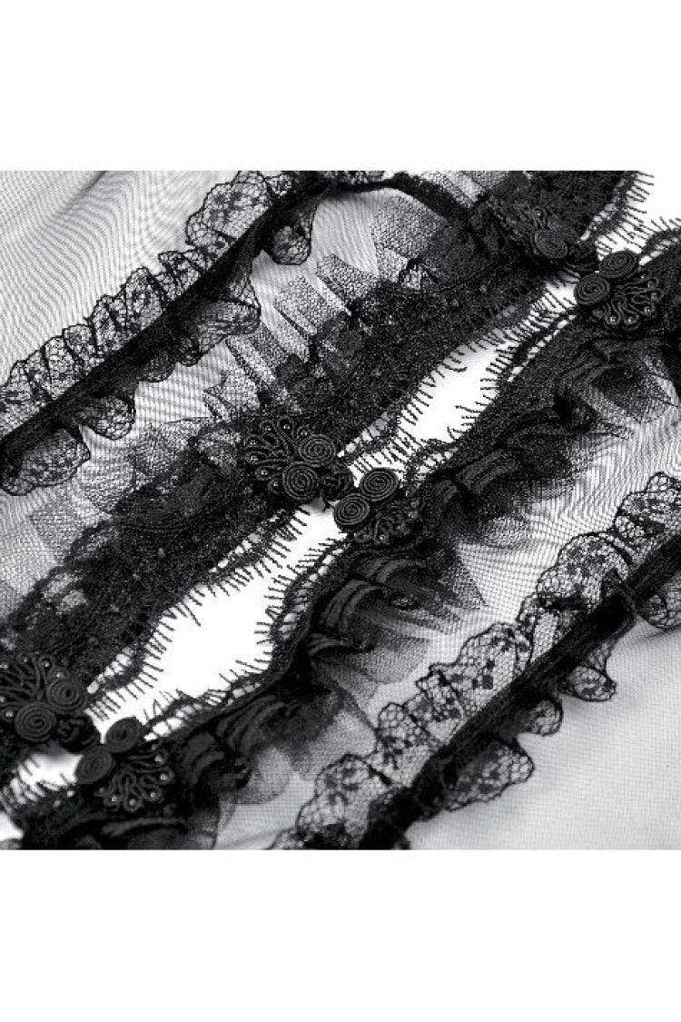 Black Deep-V Ruffled Long Flare Sleeves Sheer Lace Patchwork Lace-Up Women's Gothic Duster - Product - 14