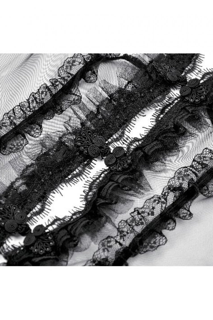 Black Deep-V Ruffled Long Flare Sleeves Sheer Lace Patchwork Lace-Up Women's Gothic Duster - Product - 14