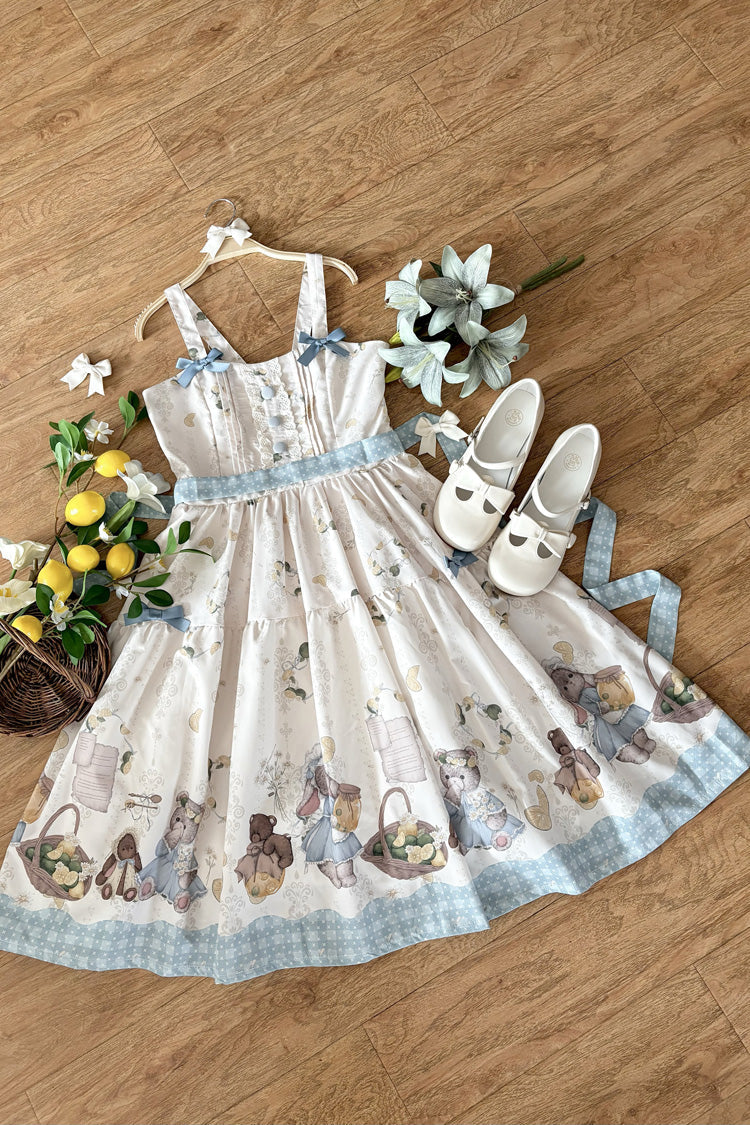 Ivory [Midsummer Bunny Bear] Printed Ruffled Bow Sweet Lolita Dress 2 Versions - Product - 3