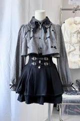 Black/Grey Long Sleeves Ruffled Belt Buckle Japanese Jirai Kei Set - Product - 3