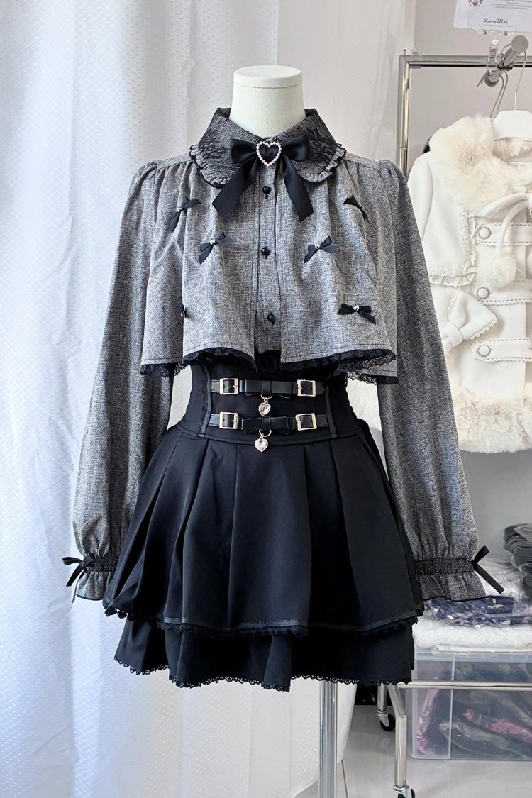 Black/Grey Long Sleeves Ruffled Belt Buckle Japanese Jirai Kei Set - Product - 3