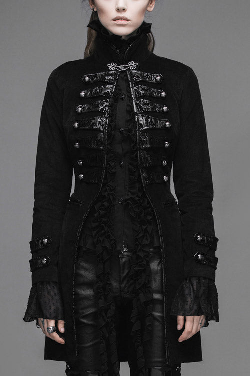 Black Floral Flocking Leather Loops Stand Collar Poncho Womens Gothic Coat - Black - 1