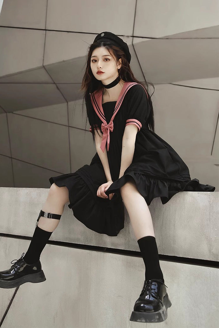 Black Voyage To Atlantis Navy Style Short Sleeves Ruffle Gothic Lolita Dress - Product - 4