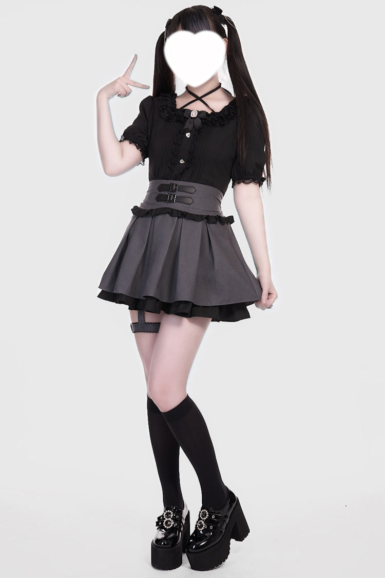 Grey/Black Leather Buckle Leg Ring Double-Layered Ruffle Sweet Jirai Kei Japanese Skirt - Product - 2