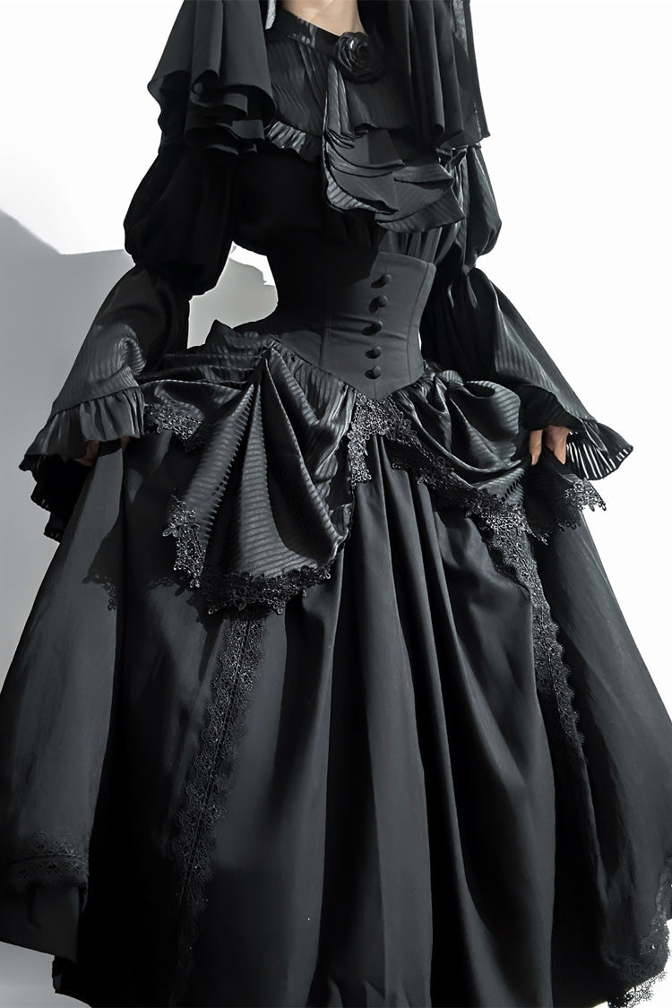 Black [Sleepwalking] Long Hime Sleeves Stitching Lace Plus Size Gothic Elegant Lolita Skirt Set - Product - 13