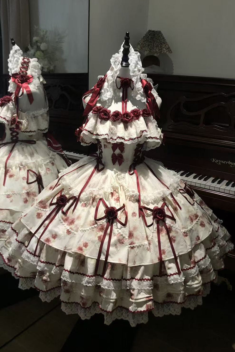 White/Red [Crimson Love Letter] Sleeveless Multi-Layered Printed Bow Lace-Up Gothic Lolita Jsk Dress Set - White/Red - 1