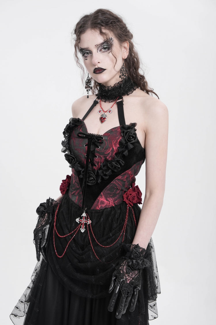 Red Halterneck Sleeveless Embroidery Stitching Rose Heart Lace Women's Gothic Blouse - Product - 3