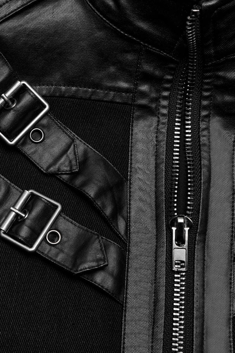 Black Round Collar Multi-Buckles Straps Faux Leather Men's Punk Jacket - Product - 7