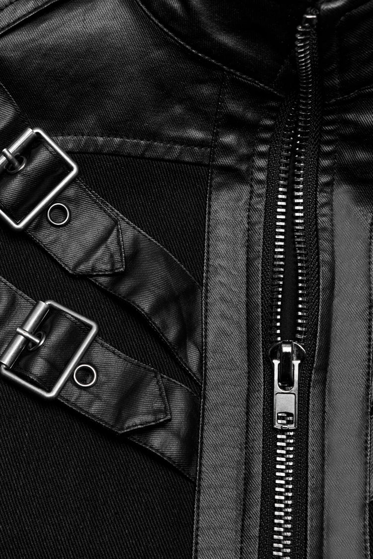 Black Round Collar Multi-Buckles Straps Faux Leather Men's Punk Jacket - Product - 7
