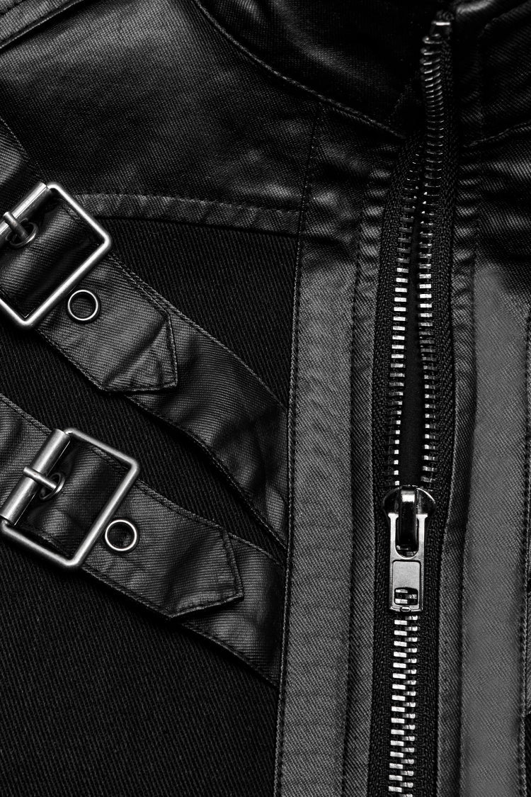 Black Round Collar Multi-Buckles Straps Faux Leather Men's Punk Jacket - Product - 7