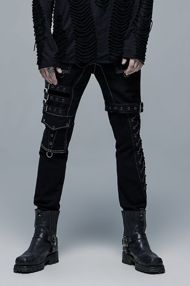 Multi Pockets Buckles Detachable Men's Steampunk Pants 2 Colors - Black/White - 1