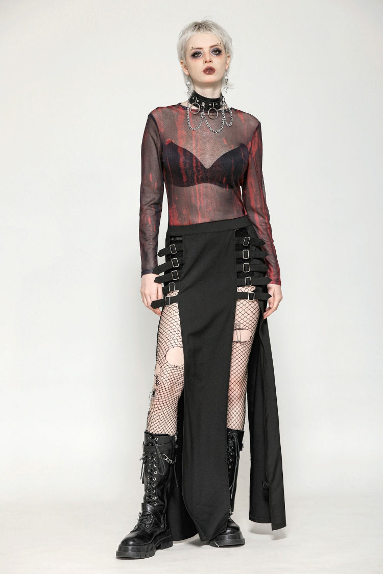 Black/Red Round Collar Long Sleeves Sheer Mesh Tie-dyed Women's Gothic Versatile Basic Top - Product - 7