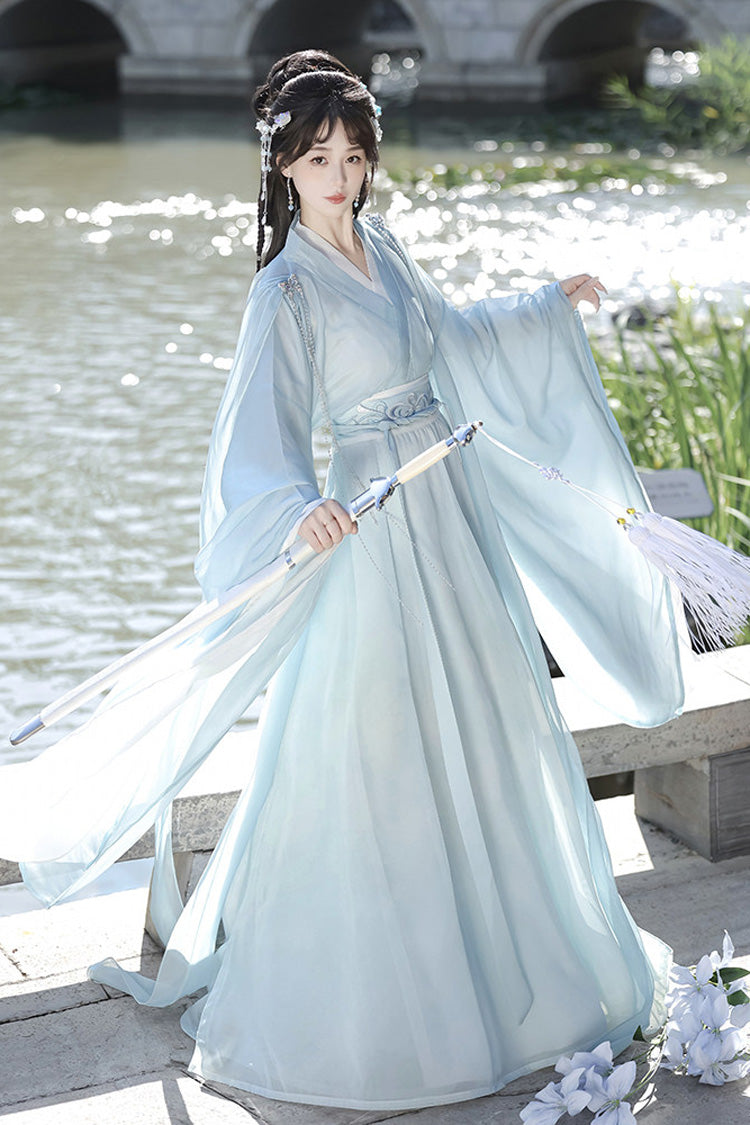 [Spring Harmony] Long Trumpet Sleeves Embroidered Chinese Inspired Hanfu Dress Set 2 Colors - Product - 4