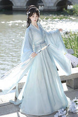 [Spring Harmony] Long Trumpet Sleeves Embroidered Chinese Inspired Hanfu Dress Set 2 Colors - Product - 4