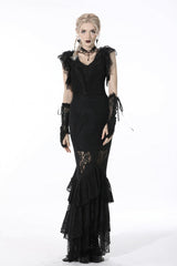 Black Women's Gothic Multi-Layered Lace Lace-Up Mermaid Maxi Skirt - Product - 7