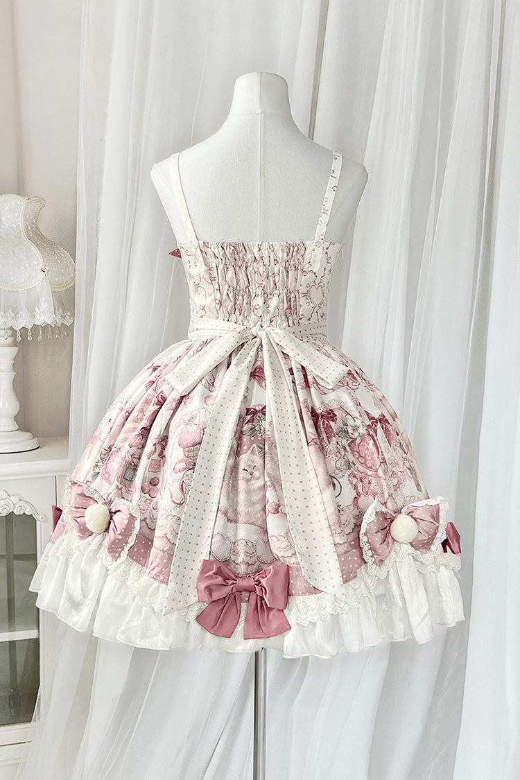 Pink [Sweet Dessert Cat] Print Ruffle Bowknot Lace Sweet Princess Lolita Dress Set - Product - 6