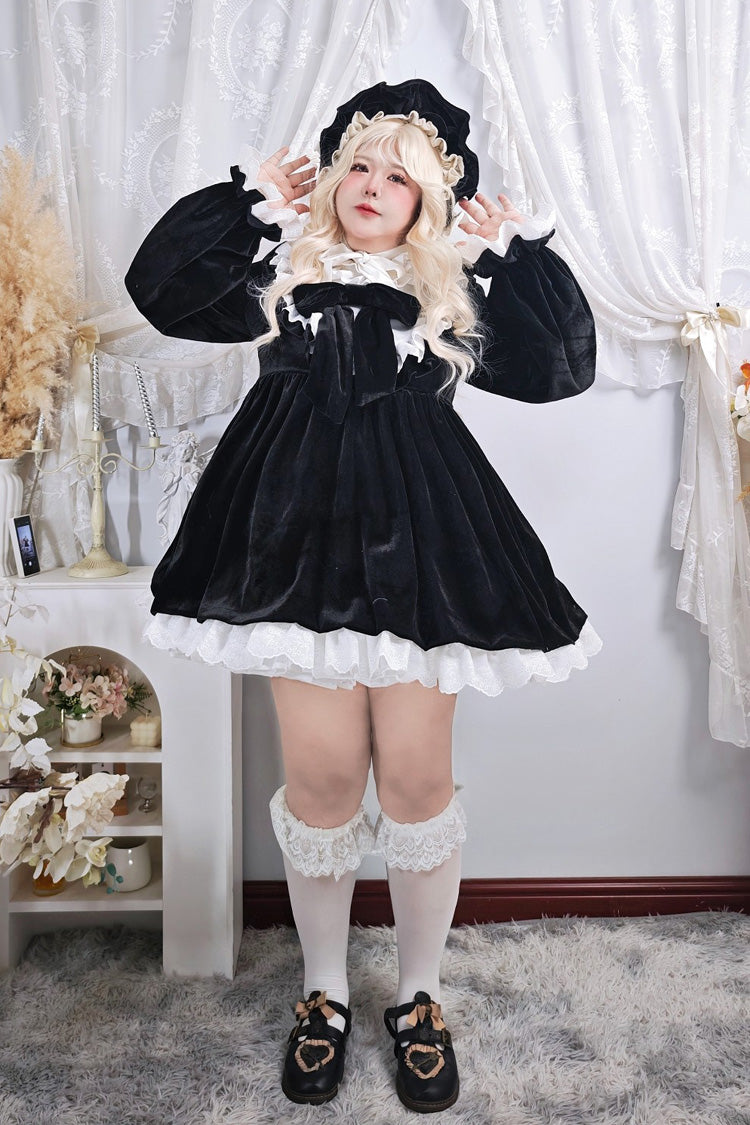 Black [Antique Velvet Doll] Stand Collar Long Sleeves Ruffled Bow Gothic Plus Size Lolita Dress - Product - 14