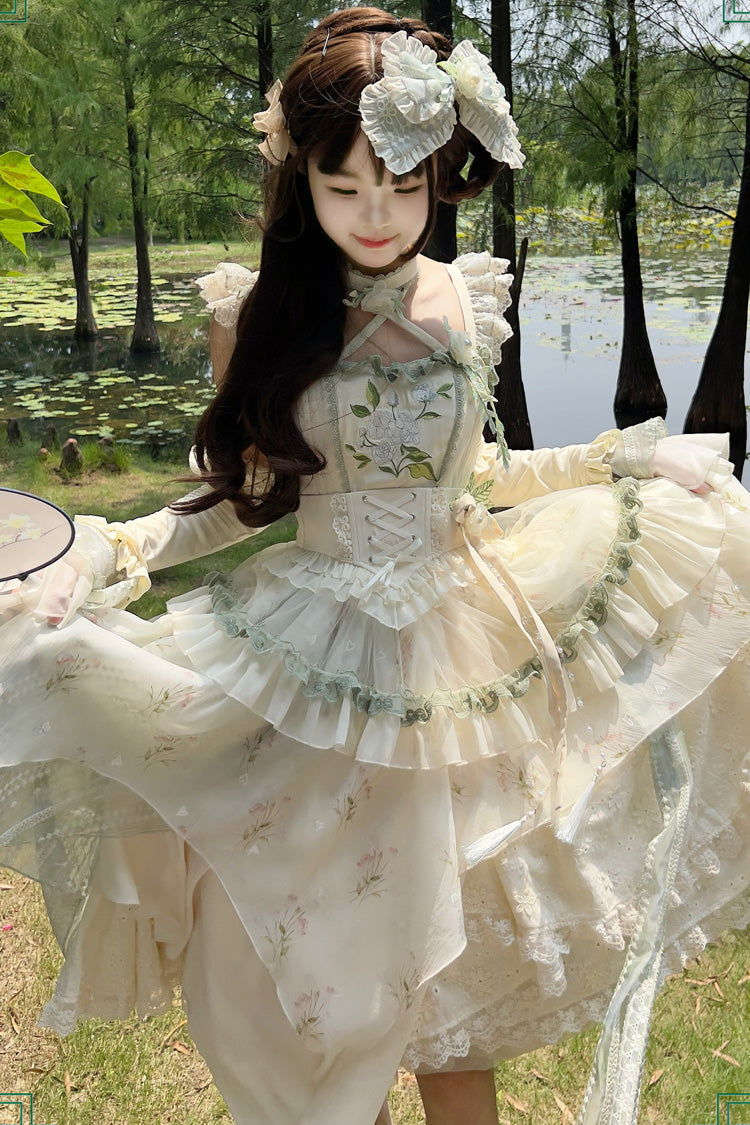 Apricot Print Ruffle Embroidery Bowknot Lace Sweet Chinese Style Lolita Jsk Dress Full Set - Product - 4