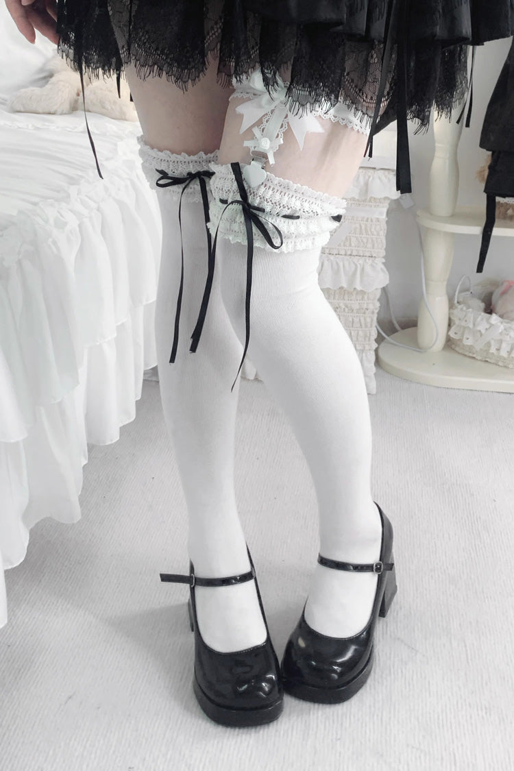 Sweet Ruffle Bowknot Lace Ballet Lolita Over-the-knee Socks 6 Colors - White/Black - 3