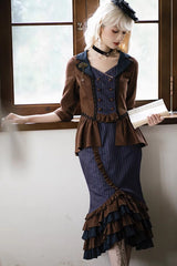 Blue/Brown Time Traveler Long Sleeves Multi-layer Print Ruffle Punk Lolita Mermaid Skirt Set - Product - 2