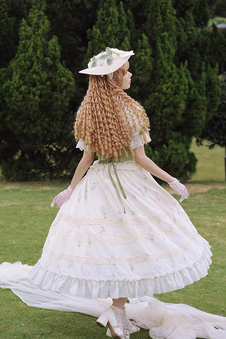 White/Green Letters and Poems to Austen Short Sleeves Print Hollow Lace Sweet Elegant Lolita Dress - Product - 9