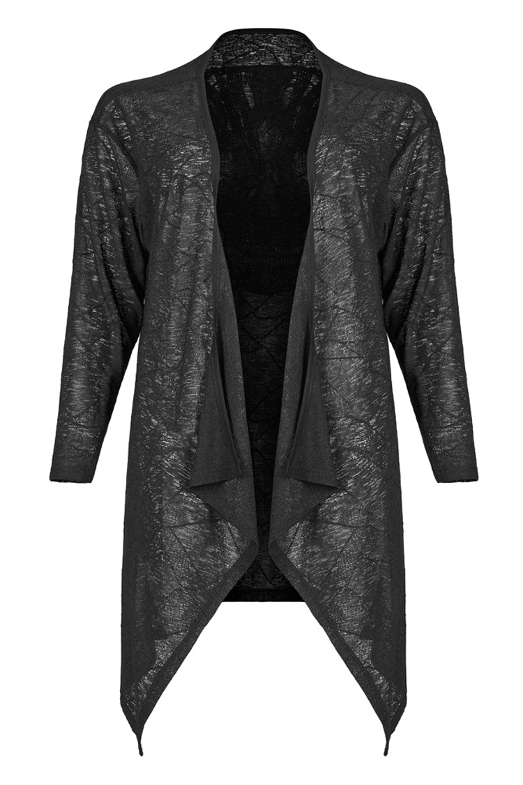 Black Soft Knitting Mottled Texture Asymmetric Hem Skull Decal On The Back Women's Plus Size Gothic Jacket - Product - 5