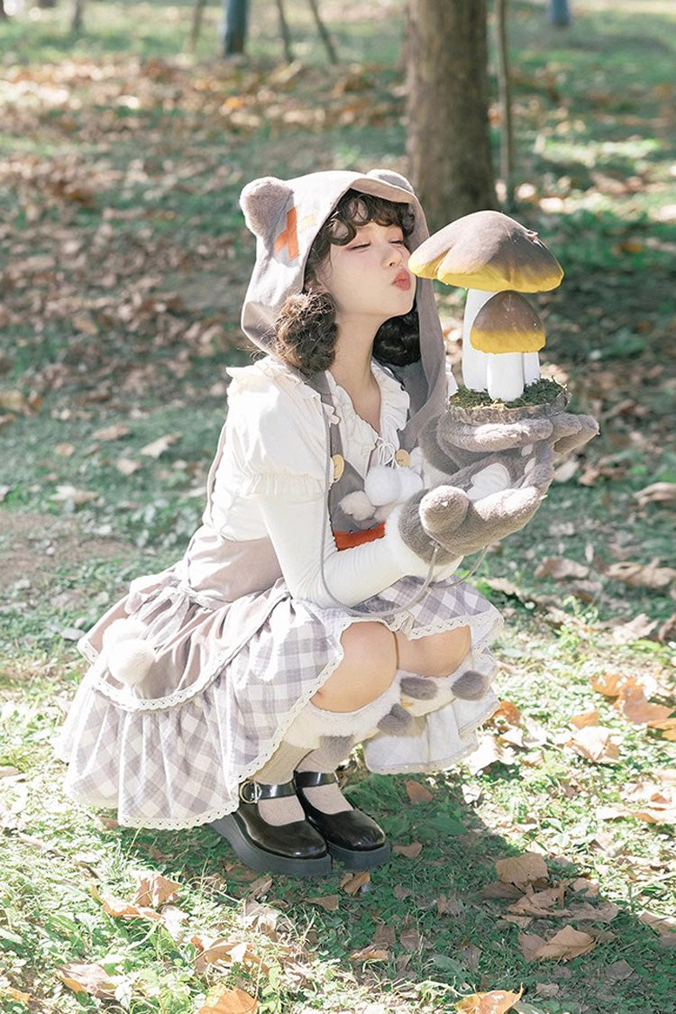 Grey Cute Grizzly Bear Plaid Print Bowknot Sweet Lolita Jsk Dress - Product - 5