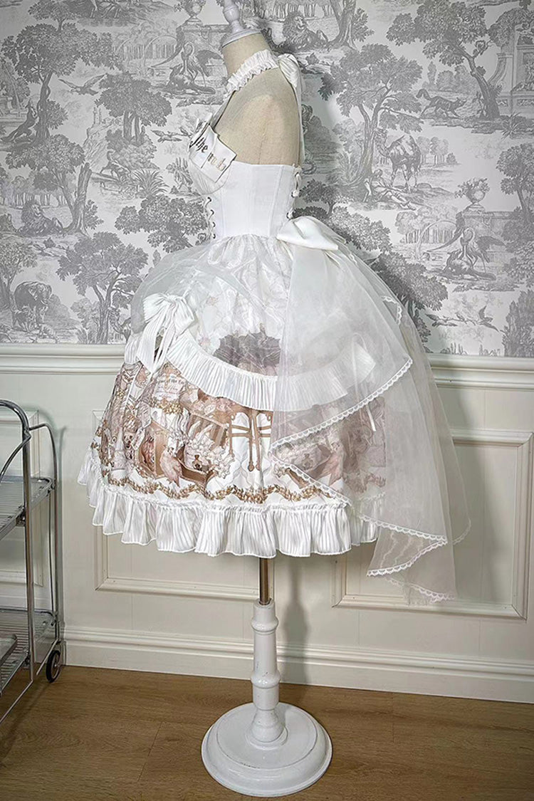 White [The Mystery of The Doll] Halterneck Print Ruffle Bowknot Drawstring Gothic Lolita Dress - Product - 11
